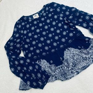 Boho Balloon-Sleeve Top, Navy Blue and White, Bohemian